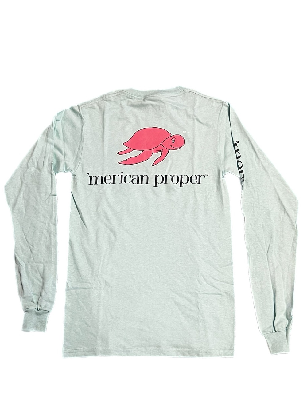 NWT ‘merican proper Women's Long Sleeve Tee - Light Aqua with Pink Turtle